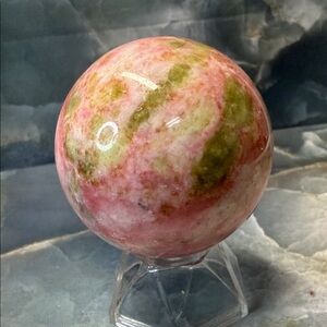 Thulite 51 mm sphere pink  green and quartz